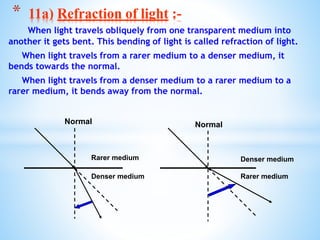 When light travels obliquely from one transparent medium into
another it gets bent. This bending of light is called refraction of light.
When light travels from a rarer medium to a denser medium, it
bends towards the normal.
When light travels from a denser medium to a rarer medium to a
rarer medium, it bends away from the normal.
* 11a) Refraction of light :-
Denser medium Rarer medium
Rarer medium Denser medium
Normal Normal
 