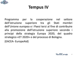 Tempus IV

Programma per la cooperazione nel settore
dell’istruzione superiore tra gli Stati membri
dell’Unione europea e i Paesi terzi al fine di contribuire
alla promozione dell’istruzione superiore secondo i
principi della strategia Europa 2020, del quadro
strategico «ET 2020» e del processo di Bologna.
(EACEA- EuropeAid)



                                                        14
 