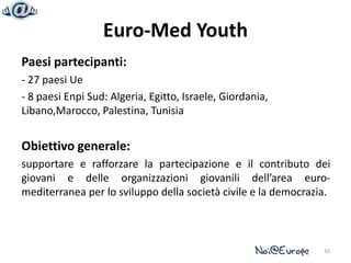 Euro-Med Youth
Paesi partecipanti:
- 27 paesi Ue
- 8 paesi Enpi Sud: Algeria, Egitto, Israele, Giordania,
Libano,Marocco, Palestina, Tunisia


Obiettivo generale:
supportare e rafforzare la partecipazione e il contributo dei
giovani e delle organizzazioni giovanili dell’area euro-
mediterranea per lo sviluppo della società civile e la democrazia.



                                                                16
 