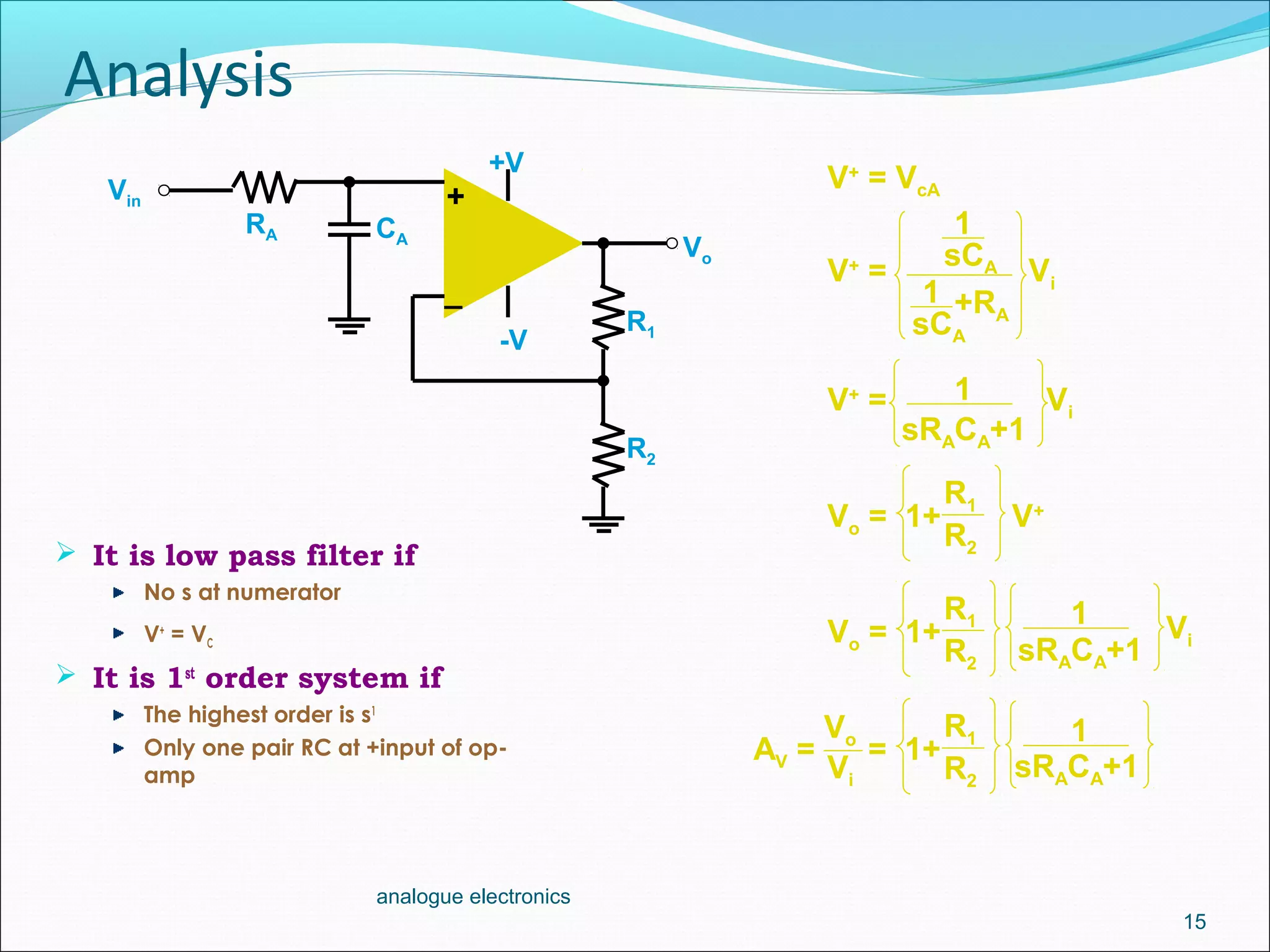 Analysis
 It is low pass filter if
No s at numerator
V+
= VC
 It is 1st
order system if
The highest order is s1
Only one pair RC at +input of op-
amp
15
analogue electronics
Vo = 1+ V+
R1
R2
_
+Vin
+V
-V
RA CA
Vo
V+
= Vi
1
sCA
1
sCA
+RA
R1
R2
Vo = 1+
R1
R2
Vi
V+
= Vi
1
sRACA+1
1
V+
= VcA
AV = = 1+
R1
R2Vi
1Vo
sRACA+1
sRACA+1
 