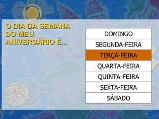O DIA DA SEMANA DO MEU ANIVERSÁRIO É... SÁBADO SEXTA-FEIRA QUINTA-FEIRA QUARTA-FEIRA TERÇA-FEIRA SEGUNDA-FEIRA DOMINGO 