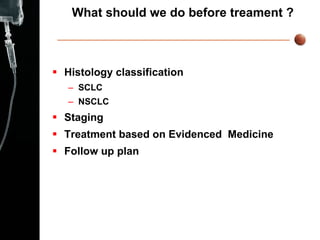 What should we do before treament ? Histology classification SCLC NSCLC Staging Treatment based on Evidenced  Medicine Follow up plan  