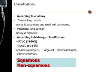 Classifications According to anatomy   Central lung cancer: mostly is squamous and small cell carcinoma.  Peripheral lung cancer: mostly is adenous. According to histologic classification   -- SCLC  (15-20%) --NSCLC  (80-85%) includes squamous 、  large cell,  adenocarcinoma, adenosquamous . Squamous Non-squamous 
