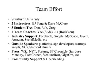 Team Effort <ul><li>Stanford  University  </li></ul><ul><li>2 Instructors : BJ Fogg & Dave McClure </li></ul><ul><li>3 Stu...