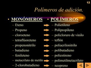 12


                  Polímeros de adición.
• MONÓMEROS                • POLÍMEROS
 –   Eteno                  –   Polietileno
 –   Propeno                –   Polipropileno
 –   cloroeteno             –   policloruro de vinilo
 –   tetraflúoreteno        –   teflón
 –   propenonitrilo         –   poliacrilonitrilo
 –   butadieno              –   polibutadieno
 –   fenileteno             –   poliestireno
 – metacrilato de metilo    –   polimetilmetacrilato
 – 2-clorobutadieno         –   neopreno           12
 