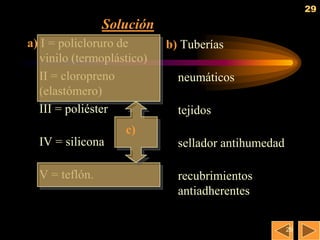 29
                Solución
a) I = policloruro de       b) Tuberías
   vinilo (termoplástico)
   II = cloropreno            neumáticos
   (elastómero)
   III = poliéster            tejidos
                    c)
  IV = silicona               sellador antihumedad

  V = teflón.                 recubrimientos
                              antiadherentes

                                                     29
 