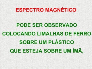 PODE SER OBSERVADO COLOCANDO LIMALHAS DE FERRO SOBRE UM PLÁSTICO QUE ESTEJA SOBRE UM ÍMÃ, ESPECTRO MAGNÉTICO 