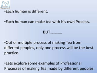 •Each human is different.

•Each human can make tea with his own Process.
BUT…………
•Out of multiple process of making Tea from
different peoples, only one process will be the best
practice.
•Lets explore some examples of Professional
Processes of making Tea made by different peoples.

 