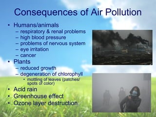 • Humans/animals
– respiratory & renal problems
– high blood pressure
– problems of nervous system
– eye irritation
– cancer
• Plants
– reduced growth
– degeneration of chlorophyll
• mottling of leaves (patches/
spots of color)
• Acid rain
• Greenhouse effect
• Ozone layer destruction
Consequences of Air Pollution
 