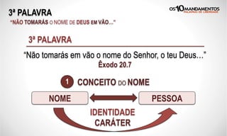 3ª PALAVRA
“NÃO TOMARÁS O NOME DE DEUS EM VÃO…”
NOME PESSOA
“Não tomarás em vão o nome do Senhor, o teu Deus…”
Êxodo 20.7
3ª PALAVRA
IDENTIDADE
CARÁTER
CONCEITO DO NOME1
 