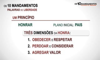 OS 10 MANDAMENTOS
PALAVRAS DE LIBERDADE
UM PRINCÍPIO
HONRAR
TRÊS DIMENSÕES DA HONRA:
PLANO INICIAL: PAIS
1. OBEDECER E RESPEITAR
2. PERDOAR E CONSIDERAR
3. AGREGAR VALOR
 