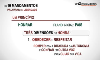 OS 10 MANDAMENTOS
PALAVRAS DE LIBERDADE
UM PRINCÍPIO
HONRAR
TRÊS DIMENSÕES DA HONRA:
PLANO INICIAL: PAIS
1. OBEDECER E RESPEITAR
ROMPER COM A DITADURA DA AUTONOMIA
E CONFIAR EM OUTRA VOZ
PARA GUIAR SUA VIDA
 
