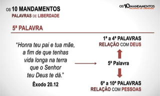 OS 10 MANDAMENTOS
PALAVRAS DE LIBERDADE
5ª PALAVRA
1ª a 4ª PALAVRAS
RELAÇÃO COM DEUS
6ª a 10ª PALAVRAS
RELAÇÃO COM PESSOAS
“Honra teu pai e tua mãe,
a fim de que tenhas
vida longa na terra
que o Senhor
teu Deus te dá.”
Êxodo 20.12
5ª Palavra
 