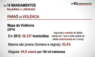 OS 10 MANDAMENTOS
PALAVRAS DE LIBERDADE
FARAÓ DA VIOLÊNCIA
Mapa da Violência
(2014)
Em 2012: 56.337 homicídios
Maioria são jovens (homens e negros): 53,4%
Alagoas: 64,6 casos por 100 mil habitantes
(equivale a metade de Itatiba
morta em 1 ano e toda cidade de
Itatiba exterminada em 2 anos)
 