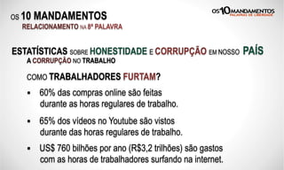 OS 10 MANDAMENTOS
RELACIONAMENTO NA 8ª PALAVRA
ESTATÍSTICAS SOBRE HONESTIDADE E CORRUPÇÃO EM NOSSO PAÍS
COMO TRABALHADORES FURTAM?
A CORRUPÇÃO NO TRABALHO
§  60% das compras online são feitas
durante as horas regulares de trabalho.
§  65% dos vídeos no Youtube são vistos
durante das horas regulares de trabalho.
§  US$ 760 bilhões por ano (R$3,2 trilhões) são gastos
com as horas de trabalhadores surfando na internet.
 