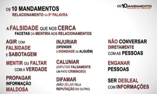 OS 10 MANDAMENTOS
RELACIONAMENTO NA 9ª PALAVRA
A FALSIDADE QUE NOS CERCA
FACETAS DA MENTIRA NOS RELACIONAMENTOS
AGIR COM
FALSIDADE
E SABOTAGEM
MENTIR OU FALTAR
COM A VERDADE
ENGANAR
PESSOAS
SER DESLEAL
COM INFORMAÇÕES
CALUNIAR
(IMPUTAR FALSAMENTE
UM FATO CRIMINOSO)
DIFAMAR
(NÃO ZELAR PELA
REPUTAÇÃO DO OUTRO)
NÃO CONVERSAR
DIRETAMENTE
COM AS PESSOAS
INJURIAR
(OFENDER
À DIGNIDADE DE ALGUÉM)
PROPAGAR
INFORMAÇÃO
MALDOSA
 