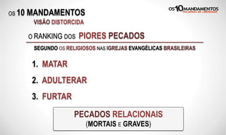 OS 10 MANDAMENTOS
VISÃO DISTORCIDA
O RANKING DOS PIORES PECADOS
SEGUNDO OS RELIGIOSOS NAS IGREJAS EVANGÉLICAS BRASILEIRAS
1. MATAR
2. ADULTERAR
3. FURTAR
PECADOS RELACIONAIS
(MORTAIS E GRAVES)
 