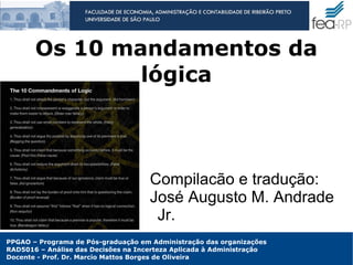 PPGAO – Programa de Pós-graduação em Administração das organizações
RAD5016 – Análise das Decisões na Incerteza Aplicada à Administração
Docente - Prof. Dr. Marcio Mattos Borges de Oliveira
Os 10 mandamentos da
lógica
Compilacão e tradução:
José Augusto M. Andrade
Jr.
 