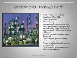 CHEMICAL INDUSTRY
• Fast growing and diversifying.
• Contributes 3% to GDP.
• Third largest in Asia.
• 12th in the world.
• Large and small manufacturing units.
• Two types of inorganic (Sulphuric acid
used in fertilizer, plastics.) and organic
(petrochemicals used in synthetic fibres,
rubber etc.)
• Inorganic chemical industry is widely
distributed.
• Organic located near oil refineries.
• Uses its own products.
• Processing of basic chemicals produces
new chemicals.
• Products used in industry, agriculture
and consumer markets.
abdul shumz kv kanjikode 20
 