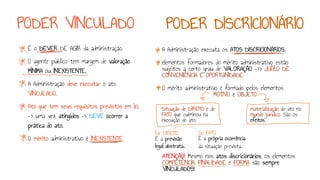 PODER VINCULADO
É o DEVER DE AGIR da administração.
O agente público tem margem de valoração
MÍNIMA ou INEXISTENTE.
A Administração deve executar o ato
VINCULADO.
Ato que tem seus requisitos previstos em lei,
-> uma vez atingidos -> DEVE ocorrer a
prática do ato.
O mérito administrativo é INEXISTENTE.
PODER DISCRICIONÁRIO
A Administração executa os ATOS DISCRICIONÁRIOS.
elementos formadores do mérito administrativo estão
sujeitos a certo grau de VALORAÇÃO ->> JUÍZO DE
CONVENIÊNCIA E OPORTUNIDADE
O mérito administrativo é formado pelos elementos
MOTIVO e OBJETO
Situação de DIREITO e de
FATO que culminou na
execução do ato.
materialização do ato no
mundo jurídico. São os
efeitos.
De DIREITO
É a previsão
legal abstrata.
De FATO
É a própria ocorrência
da situação prevista.
ATENÇÃO! Mesmo nos atos discricionários, os elementos
COMPETÊNCIA, FINALIDADE e FORMA são sempre
VINCULADOS!
 
