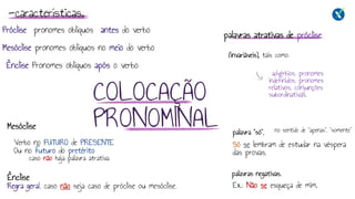 Mesóclise
Ênclise
Regra geral, caso não seja caso de próclise ou mesóclise.
Próclise pronomes oblíquos antes do verbo
Mesóclise pronomes oblíquos no meio do verbo
Ênclise Pronomes oblíquos após o verbo
palavras atrativas de próclise
-características.
COLOCAÇÃO
PRONOMINAL
Verbo no FUTURO de PRESENTE
Ou no futuro do pretérito
caso não haja palavra atrativa
advérbios, pronomes
indefinidos, pronomes
relativos, conjunções
subordinativas,
(invariáveis), tais como:
palavra "só",
palavras negativas.
Ex.: Não se esqueça de mim.
Só se lembram de estudar na véspera
das provas.
no sentido de "apenas", "somente"
 