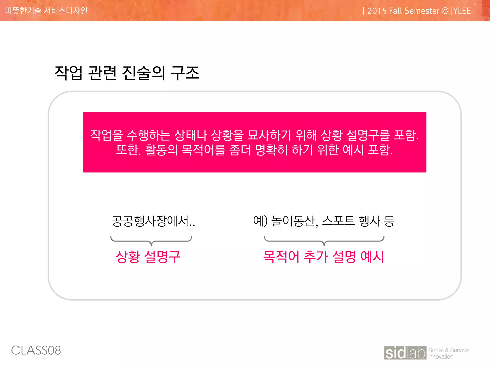 CLASS08
따뜻한기술 서비스디자인 | 2015 Fall Semester @ JYLEE
작업 관련 진술의 구조
활동의 동사 활동의 목적어
상황 설명구 목적어 추가 설명 예시
결정하다.. 주차할 공간을...
공공행사장에서.. 예) 놀이동산, 스포트 행사 등
작업을 수행하는 상태나 상황을 묘사하기 위해 상황 설명구를 포함.
또한, 활동의 목적어를 좀더 명확히 하기 위한 예시 포함.
 