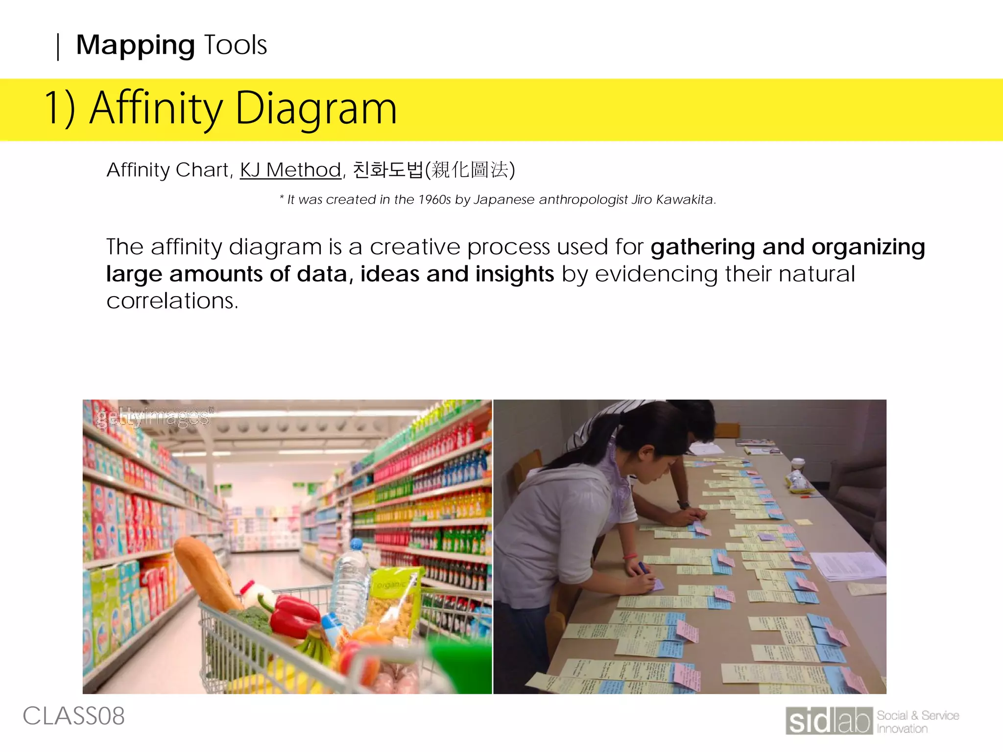 CLASS08
The affinity diagram is a creative process used for gathering and organizing
large amounts of data, ideas and insights by evidencing their natural
correlations.
1) Affinity Diagram
Affinity Chart, KJ Method, 친화도법(親化圖法)
* It was created in the 1960s by Japanese anthropologist Jiro Kawakita.
| Mapping Tools
 