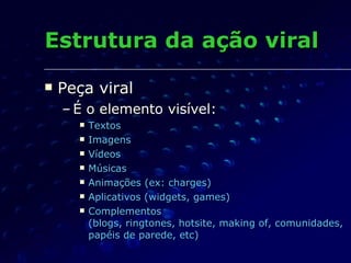 Estrutura da ação viral Peça viral É o elemento visível: Textos Imagens Vídeos Músicas Animações (ex: charges) Aplicativos (widgets, games) Complementos  (blogs, ringtones, hotsite, making of, comunidades, papéis de parede, etc) 