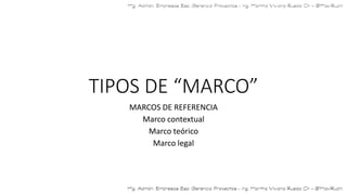 TIPOS DE “MARCO”
MARCOS DE REFERENCIA
Marco contextual
Marco teórico
Marco legal
 
