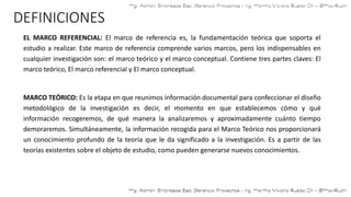 DEFINICIONES
EL MARCO REFERENCIAL: El marco de referencia es, la fundamentación teórica que soporta el
estudio a realizar. Este marco de referencia comprende varios marcos, pero los indispensables en
cualquier investigación son: el marco teórico y el marco conceptual. Contiene tres partes claves: El
marco teórico, El marco referencial y El marco conceptual.
MARCO TEÓRICO: Es la etapa en que reunimos información documental para confeccionar el diseño
metodológico de la investigación es decir, el momento en que establecemos cómo y qué
información recogeremos, de qué manera la analizaremos y aproximadamente cuánto tiempo
demoraremos. Simultáneamente, la información recogida para el Marco Teórico nos proporcionará
un conocimiento profundo de la teoría que le da significado a la investigación. Es a partir de las
teorías existentes sobre el objeto de estudio, como pueden generarse nuevos conocimientos.
 