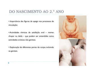 DO NASCIMENTO AO 2.º ANO

• Importância das figuras de apego nos processos de
vinculação;


• Actividades rítmicas de satisfação oral – mamar,
chupar no dedo – que podem ser entendidas como
actividades eróticas não genitais;


• Exploração de diferentes partes do corpo, incluindo
os genitais.
 