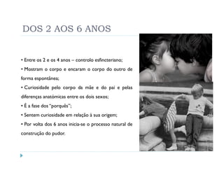 DOS 2 AOS 6 ANOS


• Entre os 2 e os 4 anos – controlo esfincteriano;
• Mostram o corpo e encaram o corpo do outro de
forma espontânea;
• Curiosidade pelo corpo da mãe e do pai e pelas
diferenças anatómicas entre os dois sexos;
• É a fase dos “porquês”;
• Sentem curiosidade em relação à sua origem;
• Por volta dos 6 anos inicia-se o processo natural de
construção do pudor.
 