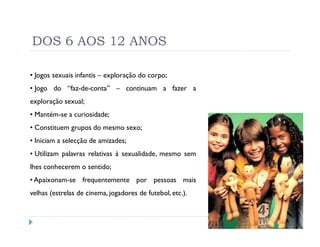 DOS 6 AOS 12 ANOS

• Jogos sexuais infantis – exploração do corpo;
• Jogo do “faz-de-conta” – continuam a fazer a
exploração sexual;
• Mantém-se a curiosidade;
• Constituem grupos do mesmo sexo;
• Iniciam a selecção de amizades;
• Utilizam palavras relativas à sexualidade, mesmo sem
lhes conhecerem o sentido;
• Apaixonam-se frequentemente por pessoas mais
velhas (estrelas de cinema, jogadores de futebol, etc.).
 