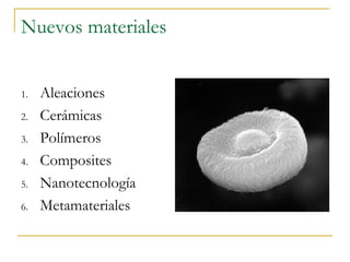 Nuevos materiales 
1. Aleaciones 
2. Cerámicas 
3. Polímeros 
4. Composites 
5. Nanotecnología 
6. Metamateriales 
 