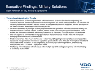 Executive Findings: Military Solutions
 Major transition for key military SA programs


• Technology & Application Trends:
    Primary applications for national government solutions continue to revolve around mission planning and
         operations, logistics, maintenance and repair/asset management and border control/protection. Key solutions are
         becoming increasingly complex – not only in terms of the types of applications supported, but also with regard to
         the breadth of users, especially across multiple agencies.
        Situational awareness is proving to be a key requirement for next generation solutions across both military and
         federal non-military customer classes. However, various issues surrounding encryption requirements, radio
         support and software configuration are creating roadblocks as the military looking to expand SA capabilities.
        This convergence of current and evolving applications is the cornerstone of how the Army will incorporate
         emerging capabilities into the current network.
        The Command Post of the Future (CPoF) and Tactical Ground Reporting System (TiGR) are examples of this
         approach to incorporate new or increased capabilities quickly into the force. The JBC-P will replace FBCB2 and
         improve situational awareness by reducing latency, supporting rapid task reorganization, and improving
         interoperability with U.S. Marine Corps ground forces.
        The fielding of the integrated network occurs within multiple capability packages, beginning with initial fielding
         to an Infantry BCT in FY11.




  11 –    2010 VDC Research Group, Inc.
         Mobile & Wireless Practice
 