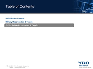 Table of Contents


Definitions & Context
Military Opportunities & Trends
Public Safety Opportunities & Trends




17 –    2010 VDC Research Group, Inc.
       Mobile & Wireless Practice
 