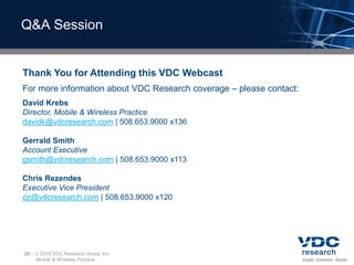 Q&A Session


Thank You for Attending this VDC Webcast
For more information about VDC Research coverage – please contact:
David Krebs
Director, Mobile & Wireless Practice
davidk@vdcresearch.com | 508.653.9000 x136

Gerrald Smith
Account Executive
gsmith@vdcresearch.com | 508.653.9000 x113

Chris Rezendes
Executive Vice President
cjr@vdcresearch.com | 508.653.9000 x120




29 –    2010 VDC Research Group, Inc.
       Mobile & Wireless Practice
 