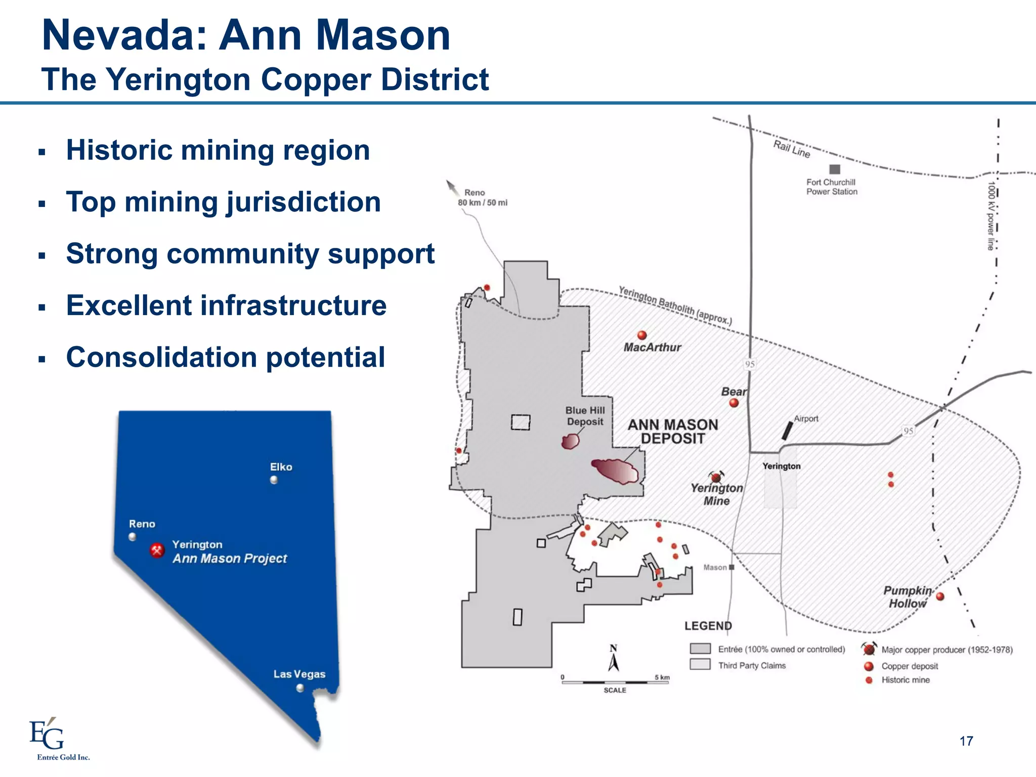 Nevada: Ann Mason
The Yerington Copper District
1717
 Historic mining region
 Top mining jurisdiction
 Strong community support
 Excellent infrastructure
 Consolidation potential
 