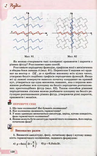 Pc
Мал. 82
Як можна створювати такі площинні орнаменти і паркети з
рівних фігур? Розглянемо один спосіб.
Розгляньте періодичну функцію, графіком якої є нескінченна
в обидва боки ламана А (мал. 81). Перенісши її вздовж осі орди­
нат на вектор п ■ОК, де п пробігає множину всіх цілих чисел,
утворимо безліч подібних графіків періодичних функцій. Якщо
всі ці ламані повернути навколо початку координат на прямий
кут, утвориться ще одна множина ламаних, яка з першою мно­
жиною розбиває всю площину на безліч періодично розташова­
них хрестоподібних фігур (мал. 82). Таким способом рівними
періодичними лініями можна розбивати площину на безліч ре­
гулярно розташованих рівних фігур, утворюючи різні паркети,
орнаменти і мозаїки.
ПЕРЕВІРТЕ СЕБЕ
1. Що таке коливання? Які бувають коливання?
2. Яке коливання називають гармонічним?
3. У яких одиницях визначається амплітуда, період, кутова швидкість,
фаза гармонічного коливання?
4. Якими можуть бути амплітуда гармонічного коливання, його період,
початкова фаза?
т .— ---------------------;-----------І-------;---------------------
Виконаємо разом
1. Визначте амплітуду, фазу, початкову фазу і кутову швид­
кість гармонічного коливання, заданого формулою:
a) y = 6sin б) у = 0,8sin3£.
і
 