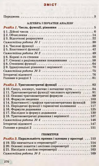 З М І С Т
Передмова................................................................................................З
АЛГЕБРА І ПО ЧАТКИ АНАЛІЗУ
Ро зд іл 1. Числа, функції, р івняння ..............................................5
§ 1. Дійсні чи с л а ....................................................................................6
§ 2. Обчислення....................................................................................14
§ 3. Відсоткові розрахунки.............................................................. 22
Самостійна робота М І .................................................................ЗО
§ 4. Числові ф у н к ц ії.......................................................................... ЗО
§ 5. Властивості ф ун кц ії...................................................................42
Самостійна робота M 2 .................................................................49
§ 6. Корені п-го степеня ...................................................................50
§ 7. Степені з раціональними показниками .............................58
§ 8. Степеневі ф ункц ії........................................................................64
§ 9. Ірраціональні р івняння і нерівності....................................70
Самостійна робота М° З .................................................................75
Історичні відом ості.............................................................................76
Головне в розділі 1 .............................................................................81
Ро зділ 2. Тригонометричні ф у н к ц ії........................................... 83
§ 10. Синус, косинус, тангенс і котангенс к у та ........................84
§11. Тригонометричні ф ункції числового аргументу ..........91
§12. Основні тригонометричні формули....................................99
§13. Формули зве д е н ня.................................................................103
§14. Властивості і графіки тригонометричних функцій 109
§15. Періодичні функції і гармонічні коливання ...............117
§16. Формули додавання.............................................................. 125
§17. Наслідки із формул додавання .........................................130
§18. Тригонометричні р івняння і нер івно сті........................137
Самостійна робота М 4 .............................................................. 146
Історичні відом ості.......................................................................... 147
Головне в розділі 2 .......................................................................... 151
ГЕО М ЕТРІЯ
Ро зд іл 3. Паралельність прямих і площин у просторі . . . 153
§19. Що вивчається в стереометрії?.........................................154
§ 20. Основні поняття і аксіоми стереометрії........................159
§21. Наслідки з аксіом стереометрії.........................................163
Самостійна робота М? 5 ...........................! .................................169
 