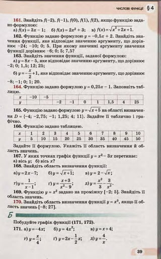 161. Знайдіть /(-2), /(-1), /(0), /(1), /(2), якщо функцію зада­
но формулою: -------------
a)f(x) = S x - 1; б )/(*) = 2х2 + 3; в) /(*) = >/* +2*+ 1.
162. Функцію задано формулою у - -0,5* + 2. Знайдіть зна­
чення функції, яке відповідає значенню аргументу, що дорів­
нює -24; -10; 0; 5. При якому значенні аргументу значення
функції дорівнює -6; 0; 5; 7,5?
163. Знайдіть значення функції, заданої формулою:
а) у = 8х - 5, яке відповідає значенню аргументу, що дорівнює
-2; 0; 1,5; 12; 25;
х л
б) у =— + 1, яке відповідає значенню аргументу, що дорівнює
2
- 8; - 1; 0; 1; 20.
164. Функцію задано формулою у =0,25* - 1. Заповніть таб­
лицю.
X -10 -5
У -2 ^-1 0 1 1,5 4 25
165. Функцію задано формулою у = Іх +5 на області визначен­
ня D = {-4; -2,75; -1; 1,25; 4; 11}. Задайте її таблично і гра­
фічно.
166. Функцію задано таблицею.
X 1 2 3 4 5 6 7 8 9 10
У 5 10 15 20 25 ЗО 35 40 45 50
Задайте її формулою. Укажіть її область визначення й об­
ласть значень.
167. У яких точках графік функції у - х2— Зх перетинає:
а) вісь у; б) вісь х ?
168. Знайдіть область визначення функції:
а)у = 2х-7; б)у= -Jx +І; в)у= 2 -у [х 
г)у =-
х +3
Ґ)У =~ З Г ^’ д) у = ~ -
х - 1 ’ ’ * х 2- 9 ’ " 3 х ‘
169. Функцію у = х 2 задано на проміжку [-2; 5]. Знайдіть її
область значень.
170. Знайдіть область визначення функції у =х3, якщо її об­
ласть значень [-8; 27].
& и в и и и и ю іш і-
Побудуйте графік функції (171,172).
171. а)у=-4х; б )у = 4 х 2; в)у =х +4;
х 1 4
г) у =- і Ґ )у =2 х - - х ; д)у= ~ .
4 Z х
 