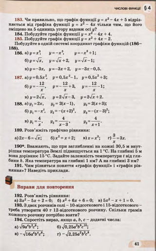 183. Чи правильно, що графік функції у = х2- 4х + 5 відріз­
няється від графіка функції у = х2 - 4х тільки тим, що його
зміщено на 5 одиниць угору вздовж осі у?
184. Побудуйте графік функції у = х2- 4х + 4.
185. Побудуйте графік функції у = х2+ 4х - 2.
Побудуйте в одній системі координат графіки функцій (186—
188).
186. а.)у =х 3, у =- х 3, у - - х 3+1;
б)y =s[x, у =4 х+ 2, у = [ х -1;
в)у= -3х, у= -З х +2, у =- Зх-0,5.
187. а)у =0,5х2, у =0,5х2-1 , у - 0,5х2+3;
12 12 12
б)У =-----, У=~ — + 3, у = ————1;
X X X
в )у =2[х, у =2у[х-3, у =2[х +2.
188. a )yt =2x, у2= 2(х —1), у3=2(х +3);
б) у1=- х 2, у2=~(х+2)2, у3=- ( х - 3 ) 2;
4 4 4
в )у ' = х ’
189. Розв’яжіть графічно рівняння:
О
а) 2л:—6 = л/jc; б)х2= х +2; в)л: = х3; г) —= 3л:.
х
190*. Вважають, що при заглибленні на кожні 30,5 м внут­
рішня температура Землі підвищується на 1 °С. На глибині 5 м
вона дорівнює 15 °С. Задайте залежність температури t від гли­
бини h. Яка температура на глибині 1 км? А на глибині 3 км?
191. Чим різняться поняття «графік функції» і «графік рів­
няння»? Наведіть приклади.
9 Вправи для повторення
192. Розв’яжіть рівняння:
а) Зх2- 5х + 2 = 0; б) х2+ 6х + 6 = 0; в) 5х2 - х + 1 = 0.
193.3 двох розчинів солі - 10-відсоткового і 15-відсоткового -
треба утворити 40 г 12-відсоткового розчину. Скільки грамів
кожного розчину потрібно взяти?
194. Спростіть вираз, якщо а, Ь, с - додатні числа:
а) %/9aV e 6; б) V o,25aW °;
в) -V l6 a V c 6; г) -yj2,25azb2c8.
 