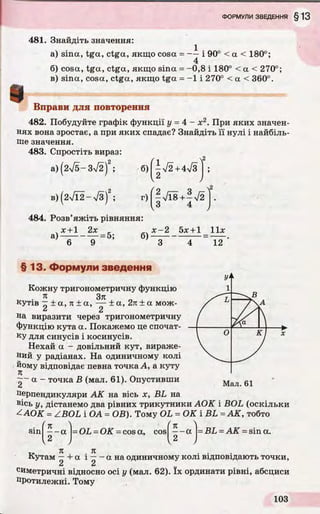 481. Знайдіть значення:
а) sina, tga, ctga, якщо cosa = — і 90° < a < 180°;
4
б) cosa, tga, ctga, якщо sina = -0,8 і 180° < a < 270°;
в) sina, cosa, ctga, якщо tga = -1 i 270° < a < 360°.
Вправи для повторення
482. Побудуйте графік функції у - 4 - х2. При яких значен­
нях вона зростає, а при яких спадає? Знайдіть її нулі і найбіль­
ше значення.
483. Спростіть вираз:
а) (2V 5-Зл/2)2; б) -V 2 +4V3
2
в) (2 V l2 -л/з)2; г)
484. Розв’яжіть рівняння:
х +1 2х
а)-------------=5; б)
6 9
V
ґ2
—у/Ї8+ —у/2
З 4
х - 2 5x + l lix
12
§ 13. Формули зведення
Кожну тригонометричну функцію
• 71 Зя
кутів —± а, я ± а, — ± а, 2я ± а мож-
2
на виразити через тригонометричну
Функцію кута а. Покажемо це спочат­
ку для синусів і косинусів.
Нехай a - довільний кут, вираже­
ний у радіанах. На одиничному колі
йому відповідає певна точка А, а куту
я
~ - a - точка В (мал. 61). Опустивши
перпендикуляри АК на вісь х, BL на
в*сь У> дістанемо два рівних трикутники АОК і BOL (оскільки
^АОК = ZBOL і ОА - ОВ). Тому OL = ОК і BL =АК, тобто
= BL = АК = sin a.
) I 2 )
ТЛ Я . Я . . .
Кутам —+ a 1—- a на одиничному колі відповідають точки,
Сі Сі
симетричні відносно осі у (мал. 62). їх ординати рівні, абсциси
Протилежні. Тому
' я ^
= OL - OK - cos a, ( кsin — a cos — a
І2 , I 2 J
 