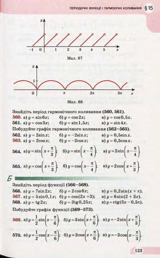 Знайдіть період гармонічного коливання (560, 561).
560. а) у - sin6x; 6)j/ = cos2x ; в) у = cos0,5x.
561. а) у = cos3x; б) у = sin l,5x; B ) i / = sin4x.
Побудуйте графік гармонічного коливання (562—565).
562. а) у = 2sinx;
563. а) у = 2cosx;
564. а) у = sin
б) у = -2sinx;
б) у = -2cosx;
б)у = sin
V
я
X—
4
565. а) у = cos х + - б) І/—cos ІХ - -
Знайдіть період функції (566-568).
566. а) у = 7sin2x; б) у = 2cos6x;
567. а) у = 5sin0,lx; б) у - cos(2x +3);
568. а) і/= tg2x; б) у = 3tg0,25x;
Побудуйте графік функції (569—573).
в) у = 0,5sinje.
в) у = 0,5cosx.
в) i/ = 2sin х -
я
в) у = 2 cos х + -
в) у = 0,2sin(x + я),
в) у - 6sin(2 + Здг).
в) у = ctg(3x - 0,5я).
 