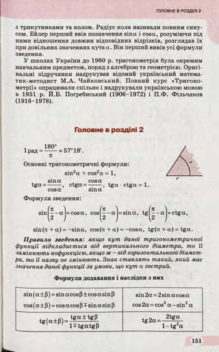 ГОЛОВНЕВРОЗДІЛІ2
з трикутниками та колом. Радіус кола називали повним сину­
сом. Ейлер перший ввів позначення sina і cosa, розуміючи під
ними відношення довжин відповідних відрізків, розглядав їх
при довільних значеннях кута а. Він перший вивів усі формули
зведення.
У школах України до 1960 р. тригонометрія була окремим
навчальним предметом, поряд з алгеброю та геометрією. Оригі­
нальні підручники надрукував відомий український матема-
тик-методист М.А. Чайковський. Повний курс «Тригоно­
метрії» опрацювали спільно і надрукували українською мовою
в 1951 р. Й.Б. Погребиський (1906-1972) і П.Ф. Фільчаков
(1916-1978).
Головне в розділі 2
1ЯО°
Ірад = ~ 57° 18'.
п
Основні тригонометричні формули:
sin2a + cos2a = 1,
sina
tga = -
cosa sina
Формули зведення:
cosa
ctga = —— , tga •ctga = 1.
( п  (п 1 • + fn )
— a = cosa, cos — a =sina, tg — a
І2 , I2 J I2 J
= ctga,
sin(7i + a) = -sin a , cos(rc + a) = -co sa , tg(rc + a) = tga.
Правило зведення: якщо кут даної тригонометричної
функції відкладається від вертикального діаметра, то її
замінюють кофункцією, якщо ж—від горизонтального діамет­
ра, то її назву не змінюють. Знак ставлять такий, який має
значення даної функції за умови, що кут а гострий.
Формули додавання і наслідки з них
sin(a±P) = sinacosp±cosasin|}
cos (a ± p) = cos a cos P+ sin a sin P
sin 2a = 2sin a cos a
cos 2a = cos2a - sin2a
tg(a±p ) = tg0±t8|J0
1+ tgatgp
tg2a= 2t* “
l - t g 2a
 