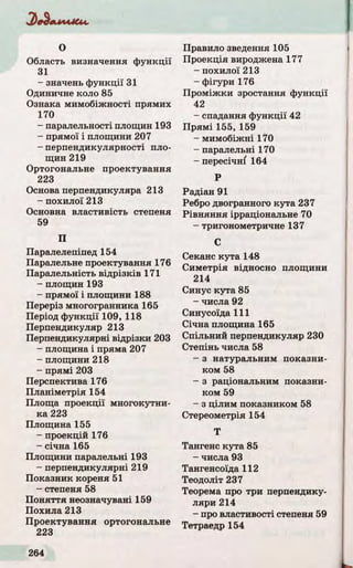 О
Область визначення ф ункції
31
- значень ф ункції 31
Одиничне коло 85
Ознака мимобіжності прямих
170
- паралельності площин 193
- прямої і площини 207
- перпендикулярності пло­
щин 219
Ортогональне проектування
223
Основа перпендикуляра 213
- похилої 213
Основна властивість степеня
59
П
Паралелепіпед 154
Паралельне проектування 176
Паралельність від р ізків 171
- площин 193
- прямої і площини 188
Переріз многогранника 165
Період ф ункції 109, 118
Перпендикуляр 213
Перпендикулярні відрізки 203
- площина і пряма 207
- площини 218
- прямі 203
Перспектива 176
Планіметрія 154
Площа проекції многокутни­
ка 223
Площина 155
- проекцій 176
- січна 165
Площини паралельні 193
- перпендикулярні 219
Показник кореня 51
- степеня 58
П о н яття неозначувані 159
Похила 213
Проектування ортогональне
223
Правило зведення 105
Проекція вироджена 177
- похилої 213
- фігури 176
Проміжки зростання функції
42
- спадання функції 42
Прям і 155, 159
- мимобіжні 170
- паралельні 170
- пересічні 164
Р
Радіан 91
Ребро двогранного кута 237
Р івн ян н я ірраціональне 70
- тригонометричне 137
С
Секанс кута 148
Симетрія відносно площини
214
Синус кута 85
- числа 92
Синусоїда 111
Січна площина 165
Спільний перпендикуляр 230
Степінь числа 58
- з натуральним показни­
ком 58
- з раціональним показни­
ком 59
- з цілим показником 58
Стереометрія 154
Т
Тангенс кута 85
- числа 93
Тангенсоїда 112
Теодоліт 237
Теорема про три перпендику­
ляри 214
- про властивості степеня 59
Тетраедр 154
 