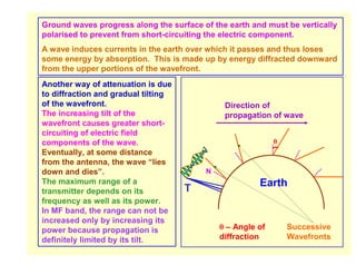 Ground waves progress along the surface of the earth and must be vertically
polarised to prevent from short-circuiting the electric component.
A wave induces currents in the earth over which it passes and thus loses
some energy by absorption. This is made up by energy diffracted downward
from the upper portions of the wavefront.
Another way of attenuation is due
to diffraction and gradual tilting
of the wavefront.                             Direction of
The increasing tilt of the                    propagation of wave
wavefront causes greater short-
circuiting of electric field
components of the wave.                                     θ
Eventually, at some distance
from the antenna, the wave “lies
down and dies”.                          N
The maximum range of a                                 Earth
transmitter depends on its           T
frequency as well as its power.
In MF band, the range can not be
increased only by increasing its
power because propagation is                 θ – Angle of       Successive
definitely limited by its tilt.              diffraction        Wavefronts
 