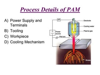 Process Details of PAM
A) Power Supply and
Terminals
B) Tooling
C) Workpiece
D) Cooling Mechanism
 
