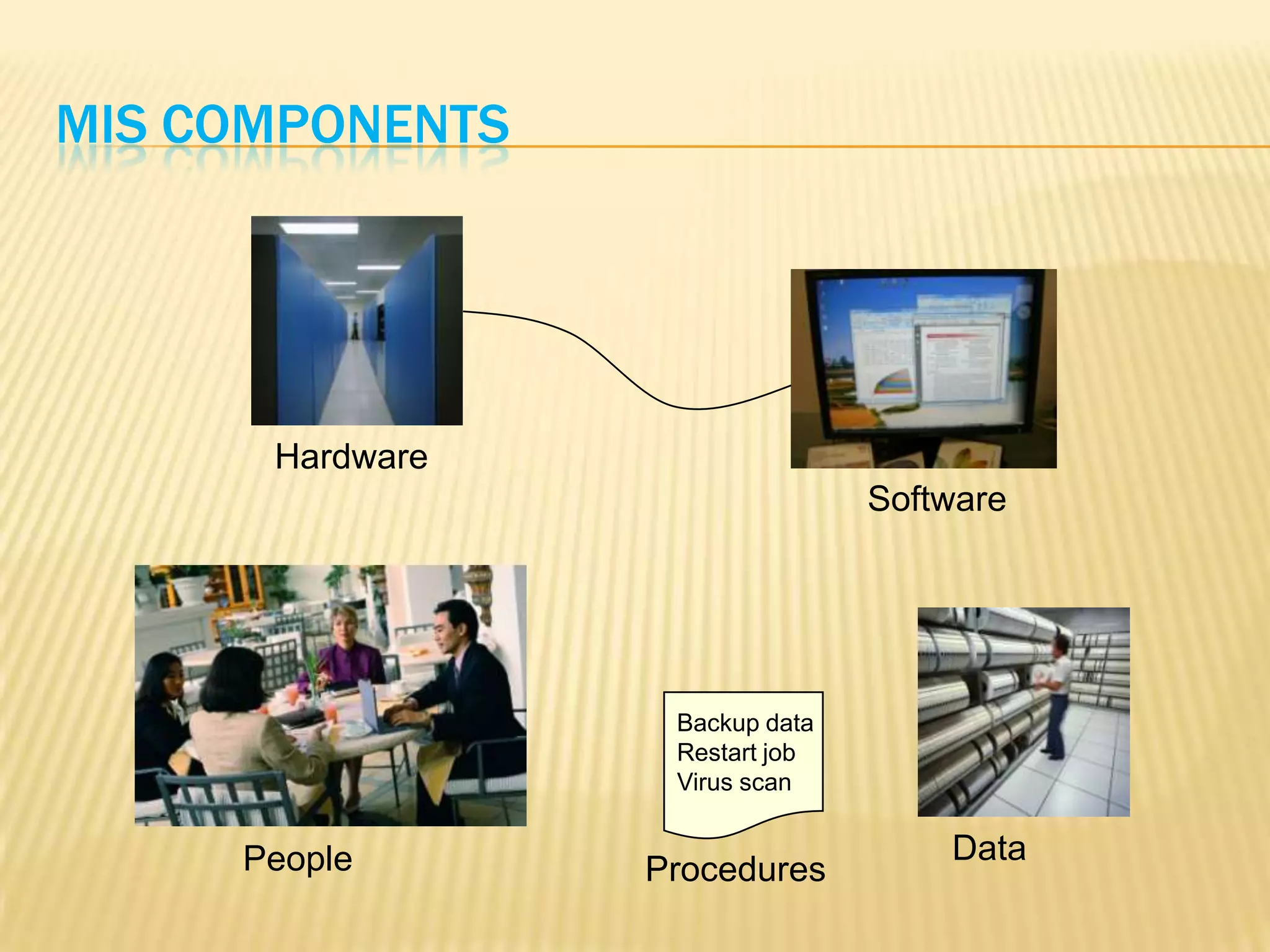 MIS COMPONENTS

Hardware
Software

Backup data
Restart job
Virus scan

People

Procedures

Data

 