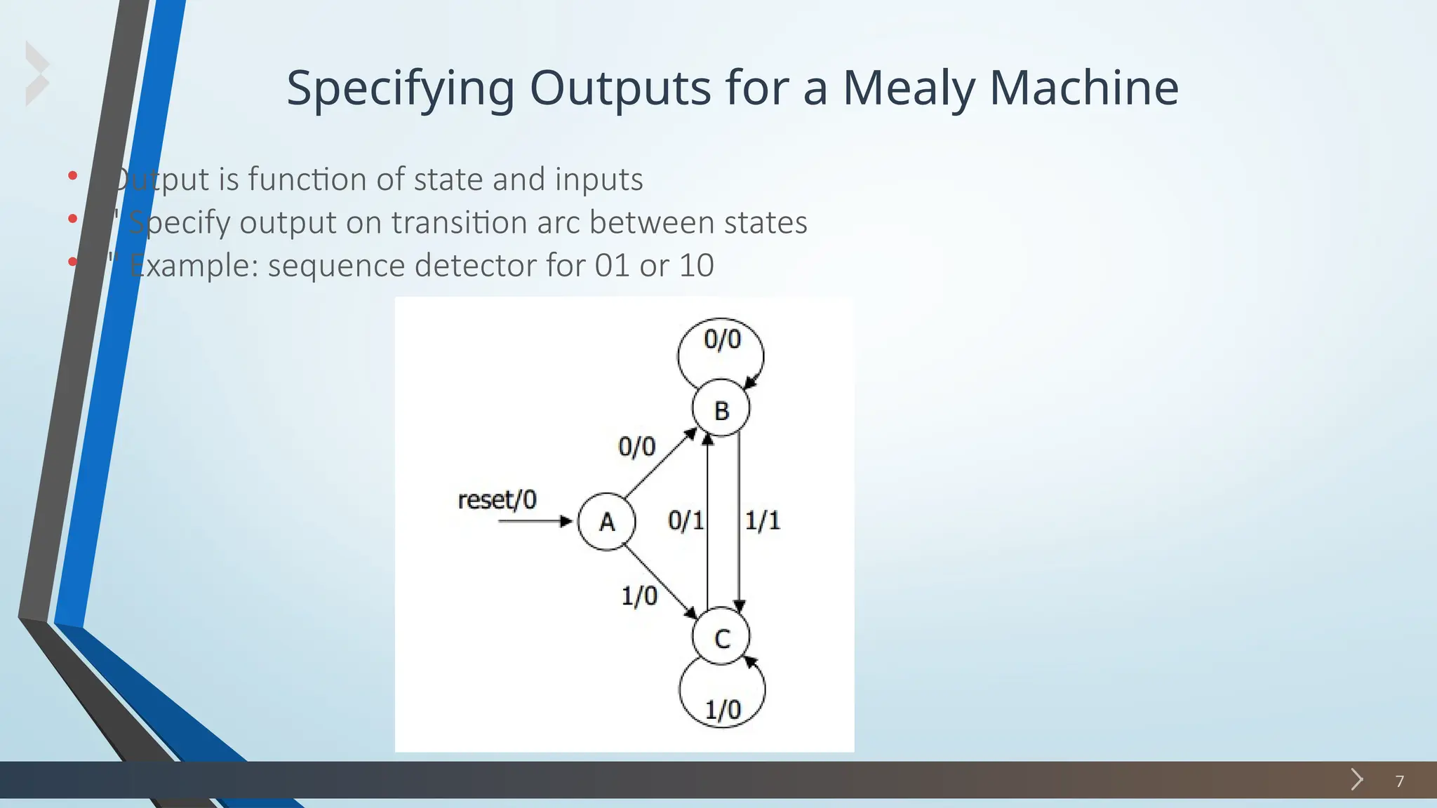 Specifying Outputs for a Mealy Machine
7
• Output is function of state and inputs
• " Specify output on transition arc between states
• " Example: sequence detector for 01 or 10
 